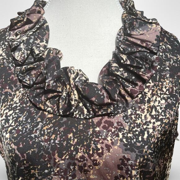 ANN TAYLOR Sleeveless Satin Blouse Ruffle Neck Abstract Print Elegant Top Sz 8 - Picture 2 of 9